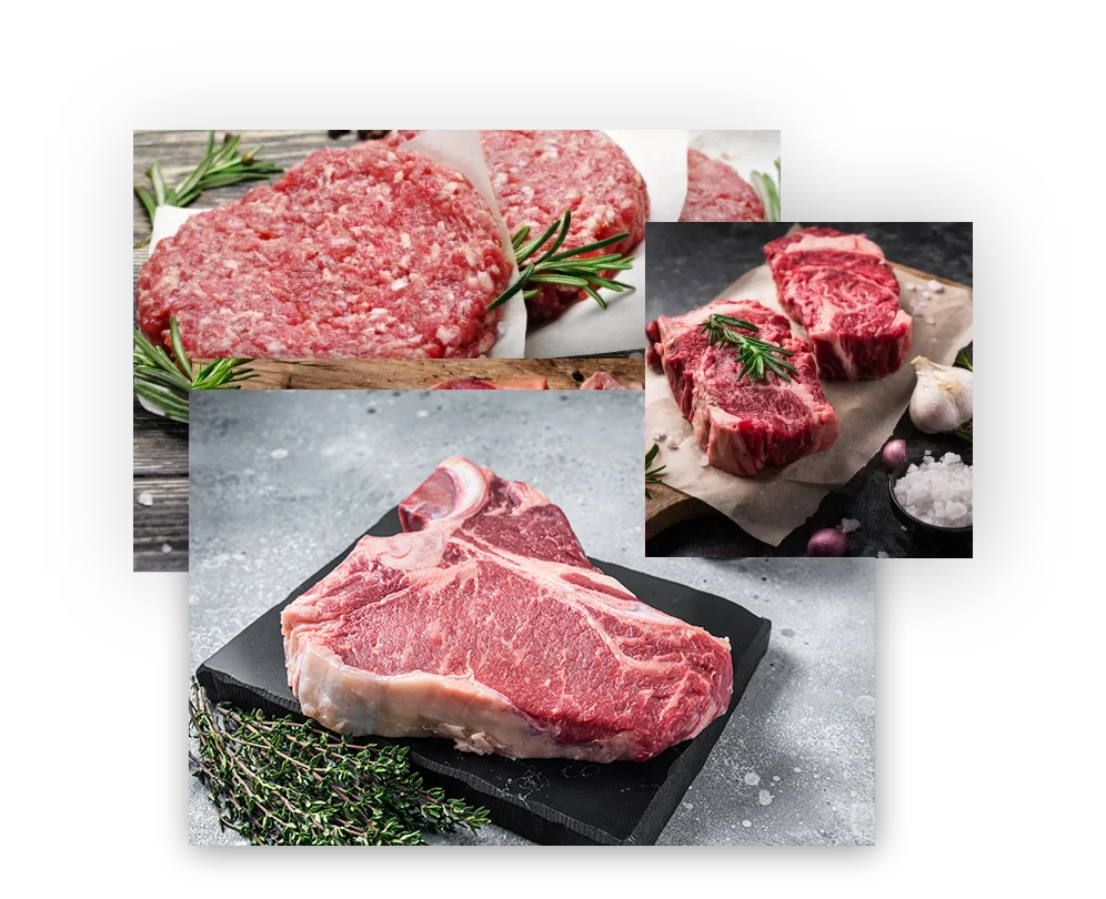 Collage image of different types of beef like hamburger, aged wagyu and another type of steak